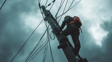 overcast conditions electrician skillfully climbs power pole repair damaged electrical line ensuring safety and service restoration.