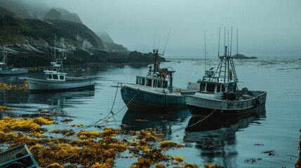 Fototapeta premium Tranquil Fishing Boats in Foggy Harbor