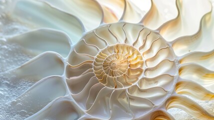 Abstract depiction of a nautilus shell, focusing on its detailed swirl. The shell's natural patterns are beautifully displayed in this art piece.