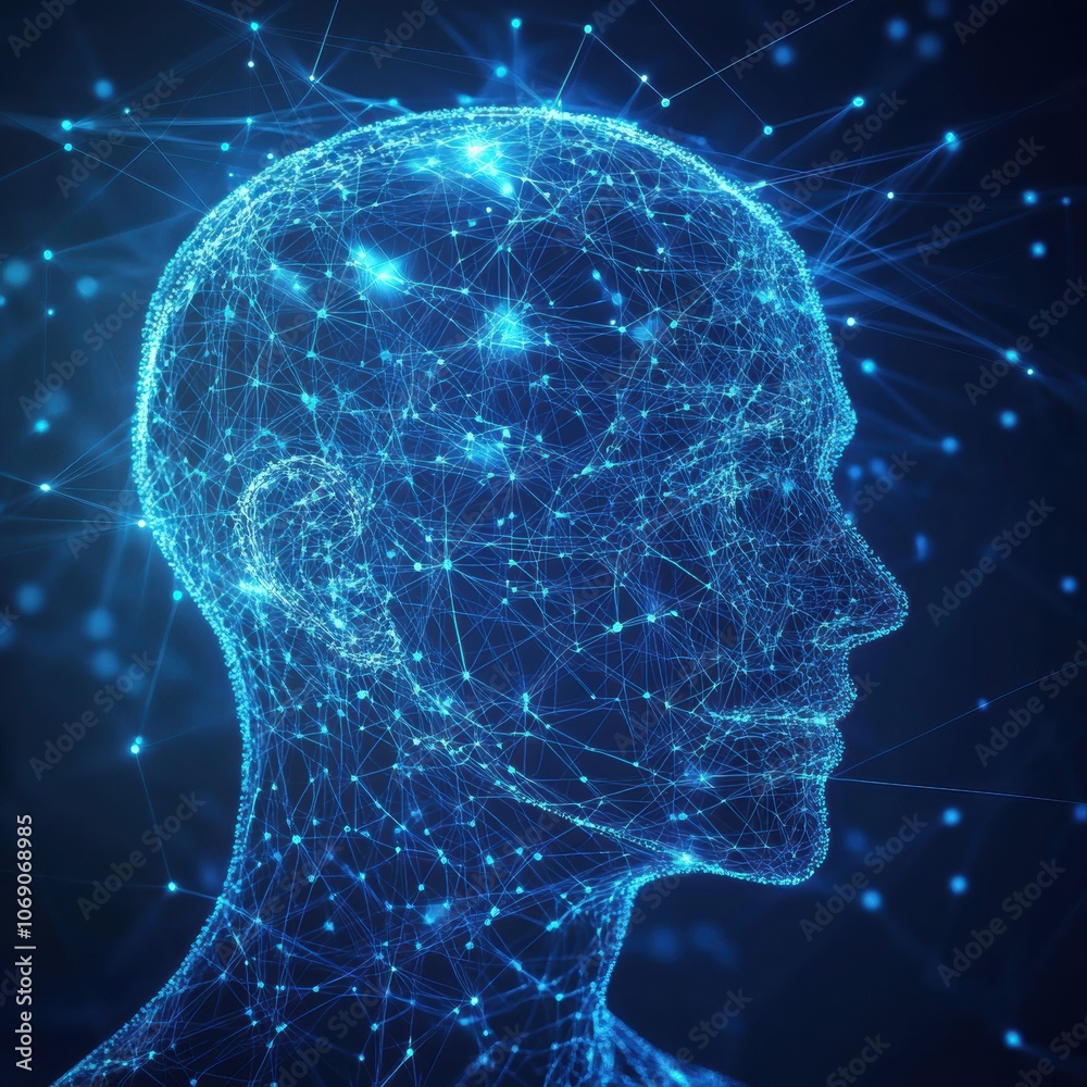 Poster Artificial intelligence: glowing head representing neural network and machine learning