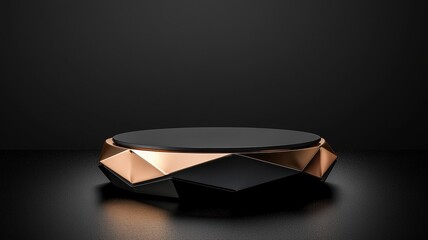 Geometric display stand, black background, modern design, elegant showcase.