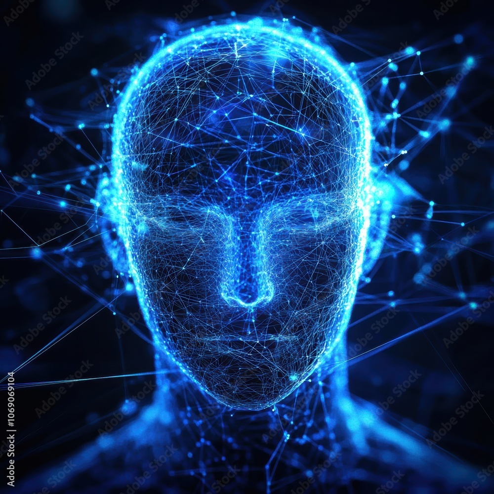 Poster Artificial intelligence: glowing head representing neural network and data flow