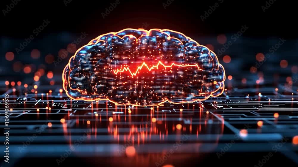 Poster digital representation of an illuminated brain with a heartbeat pattern over a tech background