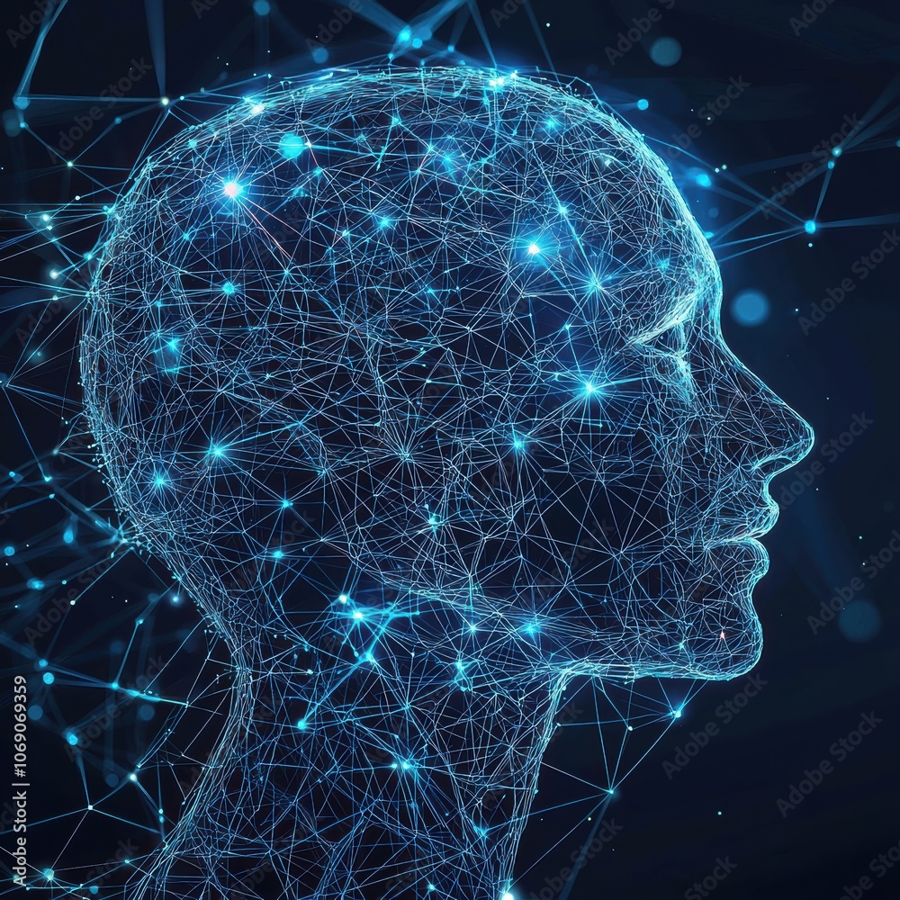 Poster Artificial intelligence: glowing head representing neural network and machine learning