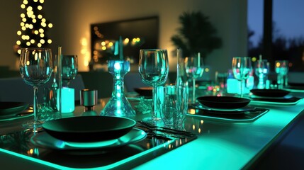 Sleek holiday table setting with metallic and glass elements, highlighted by neon-colored accents and LED candles.