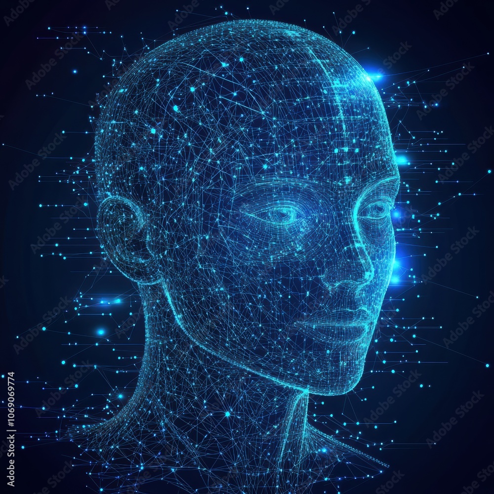 Poster Digital human head symbolizing artificial intelligence technology, surrounded by data points and network connections