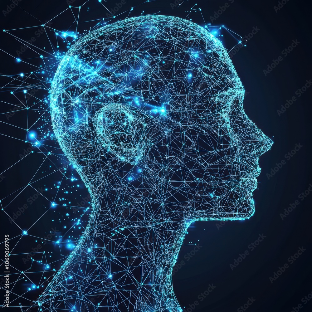 Poster Digital human head symbolizing artificial intelligence and data analysis
