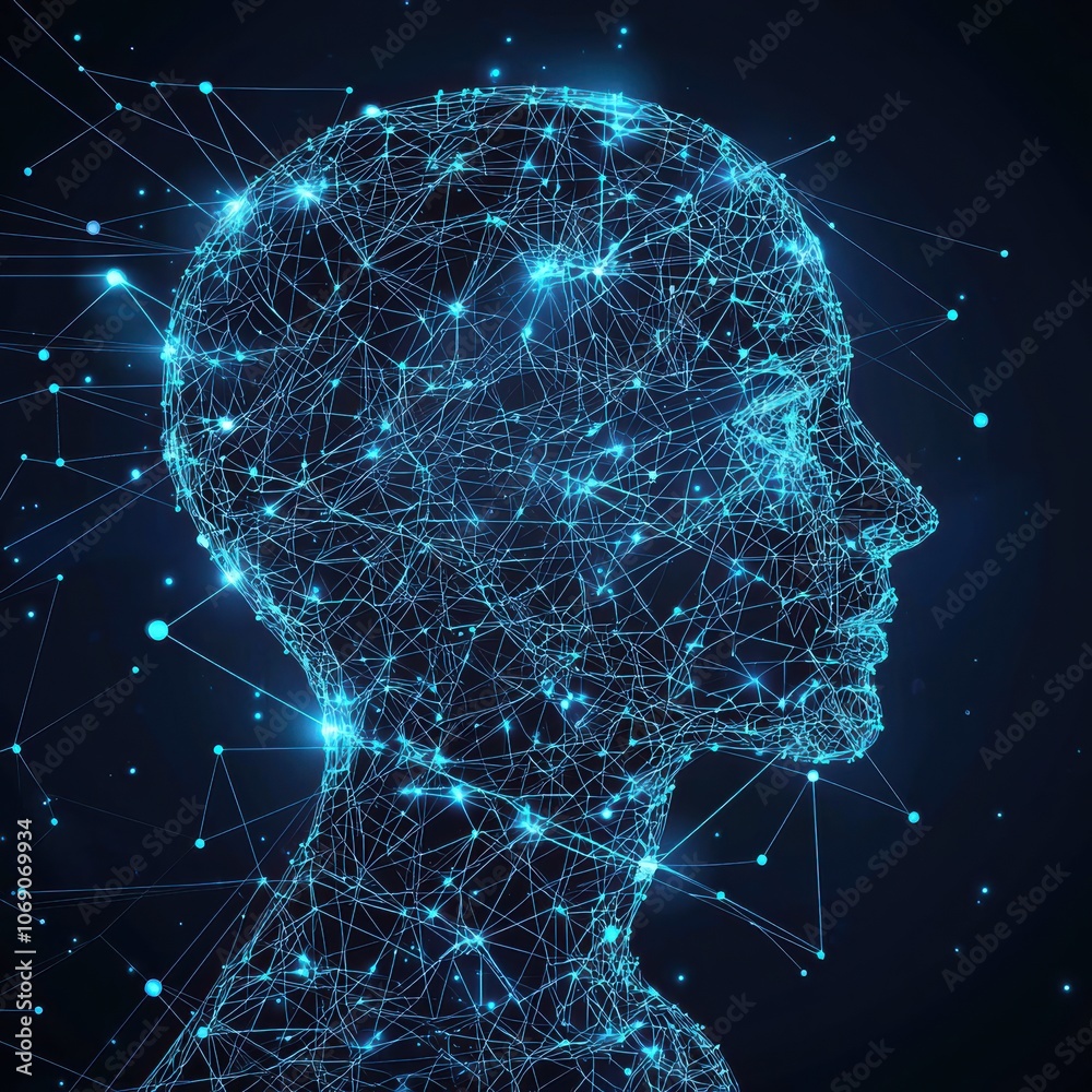 Poster digital human head made of lines and dots symbolizing artificial intelligence