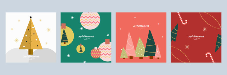 Festive Holiday Cards With Christmas Ornaments. Set of four holiday cards featuring Christmas ornaments and festive decorations. Perfect for celebrating the joyful moments of the season