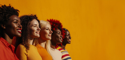 A diverse group of female friends standing together smiling isolated on an orange background.