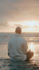Fototapeta premium Serene Meditation of a Bald Man on the Beach at Sunrise