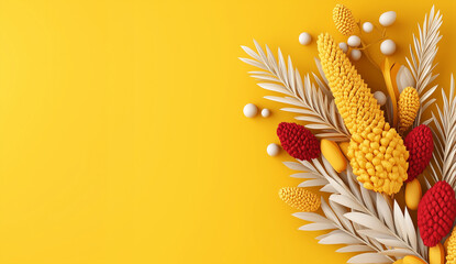 3D floral arrangement wheat on a solid color yellow background