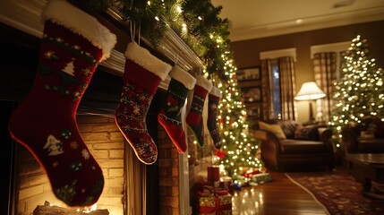 American Christmas stocking-hanging tradition by the fireplace, surrounded by evergreen garlands and lights.