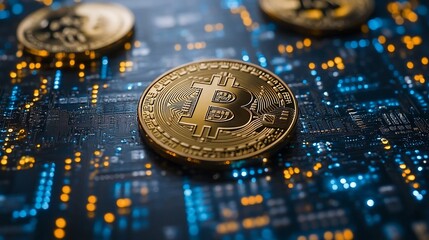 Close-up of a golden Bitcoin cryptocurrency coin on a circuit board with a blue and orange background.