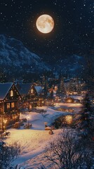 Fototapeta premium Tranquil Snowy Night with Full Moon Illumination