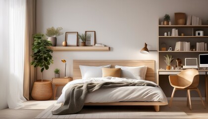 Elegant home bedroom interior with sleep and work space, shelf with decoration