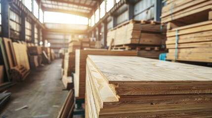 Obraz premium Sunlit Timber Warehouse with Stacked Wood