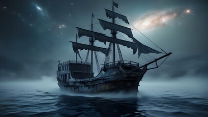 Fototapeta premium A worn-out ancient ship drifts on a dark, misty ocean beneath a surreal sky filled with pale stars.