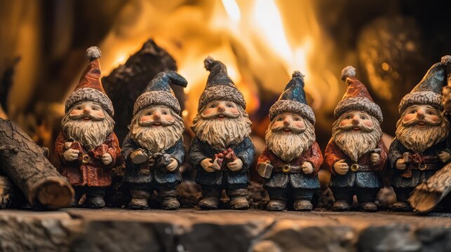 Icelandic Yule Lads figurines displayed by a warm fire, part of Iceland unique Christmas folklore.