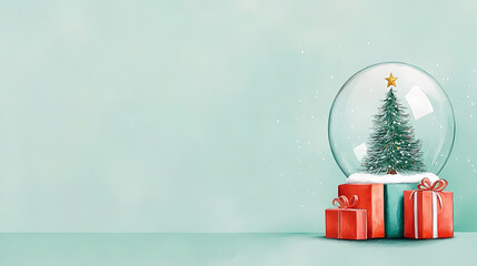 watercolor snow globe with Christmas tree and colorful presents