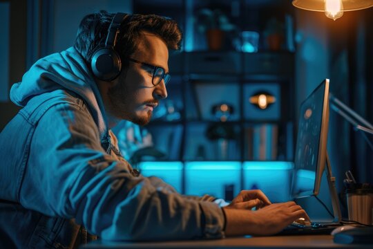 Skilled consultant creating digital app in dark indoor workspace.