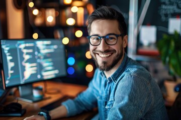 Fototapeta premium Ready to detect. Cheerful professional IT man smiling and coding while being involved in work