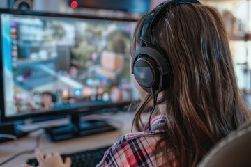 Teen girl student learns from home with online tutor.