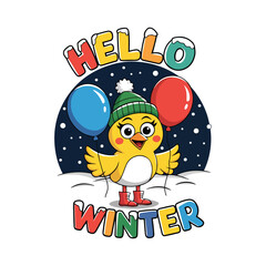 Fototapeta premium Hello winter design, cartoon cute bird holding balloon, winter t shirt design vector, christmas t shirt design