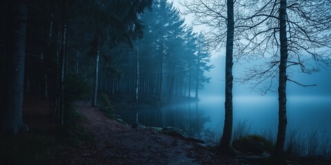Fototapeta premium A misty forest trail runs alongside a lake, shrouded in a blue haze, creating a mysterious and serene atmosphere.