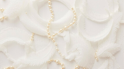 Elegant pearl necklace on white feathers background