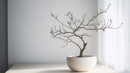 Scandinavian-inspired branch tree, decorated with minimal ornaments and placed in a simple, white ceramic pot.