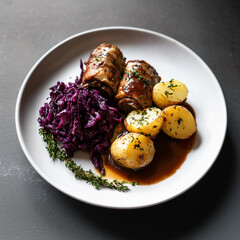 Delicious Roulades, potatoes and red cabbage on a plate