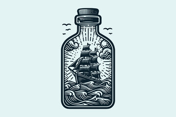  A detailed illustration of a sailing ship trapped inside a glass bottle with waves, clouds, and sun. Vintage vector engraving illustration, emblem, print, tattoo