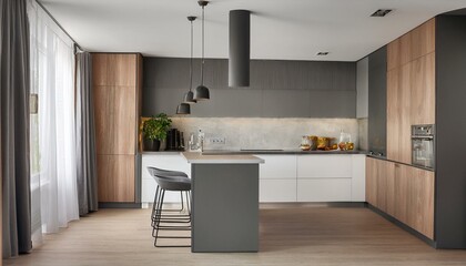 Gray, white and wooden kitchen corner with island