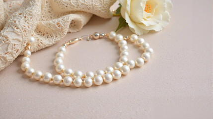 Elegant pearl necklace with white rose and lace