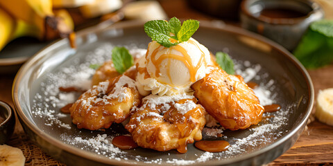 Crispy banana fritters with vanilla ice cream and caramel sauce on a vintage plate for an indulgent treat
