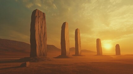 Stone Monoliths in Desert Landscape at Sunset