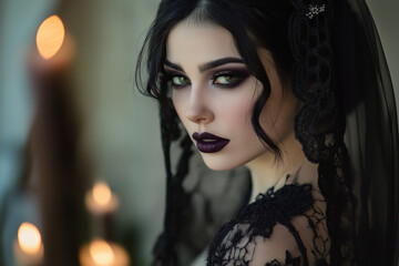 alluring gothic bride in a black lace dress and dark makeup, romantic and mysterious portrait with soft lighting, suitable for gothic or alternative wedding themes