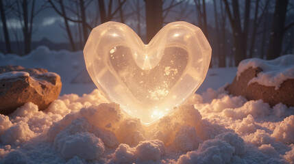 Fototapeta premium Glowing ice heart in snowy winter landscape