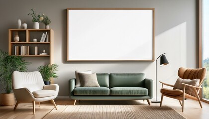 Home living room interior couch and armchair with shelf, window and mockup frame