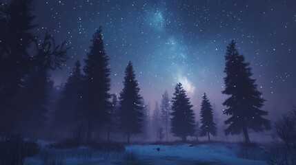 Silhouetted pine trees under a magical starry Christmas sky with a visible Milky Way stretching across the scene.
