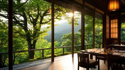 Fototapeta premium A serene dining area with large windows showcasing lush greenery and sunlight filtering through, creating a tranquil and inviting atmosphere.