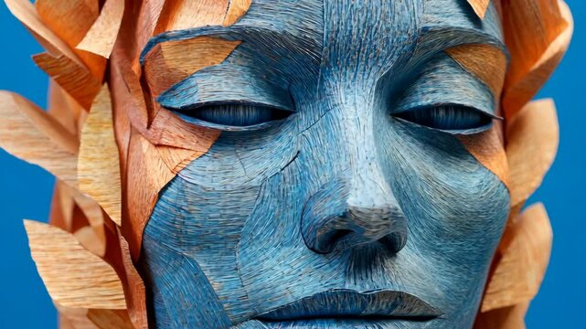 A close-up of a wooden sculpture depicting a woman's face, crafted with intricate detail and painted in blue and orange hues