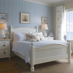 Obraz premium A coastal-inspired bedroom featuring light blue walls, white furniture, and nautical decor. This design evokes a tranquil, seaside atmosphere with a fresh, airy feel.