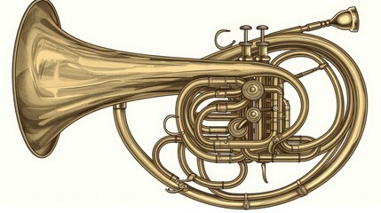 A detailed illustration of a vintage brass euphonium, showcasing its intricate design and curves.