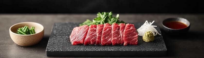 A beautifully arranged plate of sliced raw beef, garnished with greens and served with soy sauce, showcasing a delicious and inviting culinary presentation.