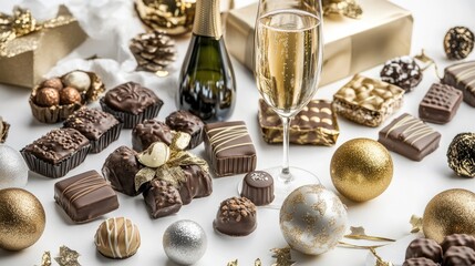 New Year gift set with premium champagne, chocolates, and decorative elements, beautifully wrapped on a white background