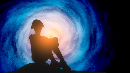 Unhappy woman sitting against a deep space night sky celestial universe background and hug her knee, thinking about problems. Upset girl feeling lonely and sad, psychological and mental troubles. © JEGAS RA
