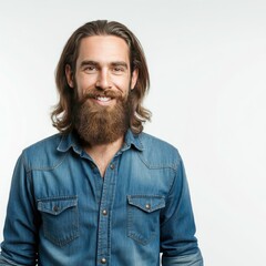 Obraz premium a bearded male with long hairs wearing a jeans shirt, isolated on white background, PNG.