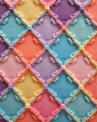 Fototapeta premium A close-up of a vibrant knitted fabric with diamond shapes in pink, blue, orange, and purple, showcasing a detailed, textured design.